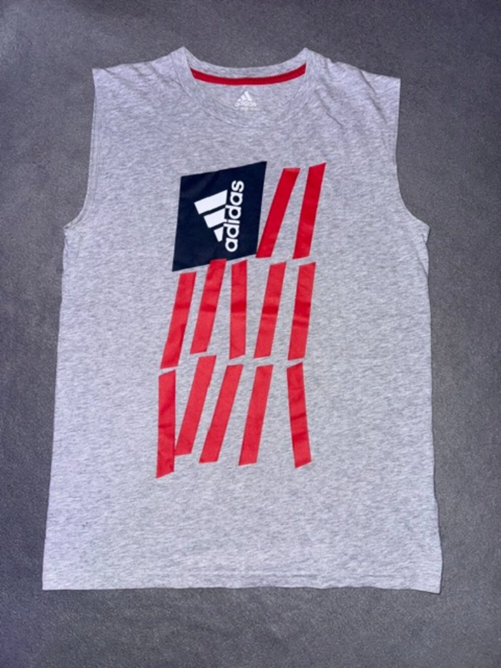 Adidas Boys Sleeveless Shirt Gray Size Large Athletic Training Tank Flag Graphic